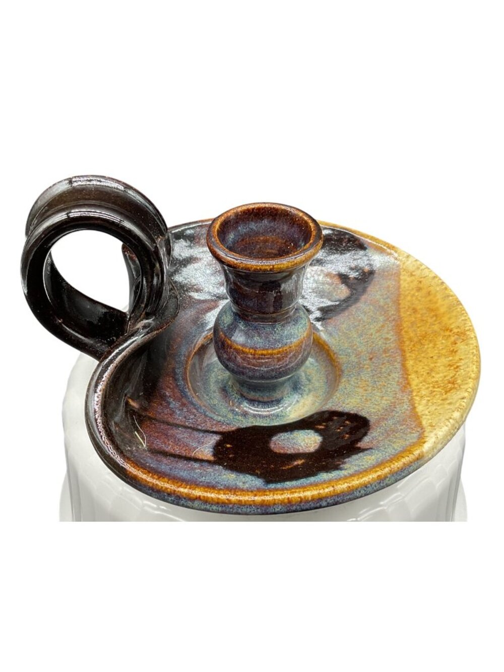 Handmade Ceramic Chamberstick Candle Holder Multicolor Glaze Curve Handle Signed